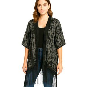 Design Lab Black Burnout Fringed Kimono Open Front Cardigan Plus Size Women XXL